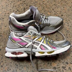 Asics Gel Nimbus 13 Shoes (Women’s 9) White, Pink, Yellow, Gray, Silver, Running